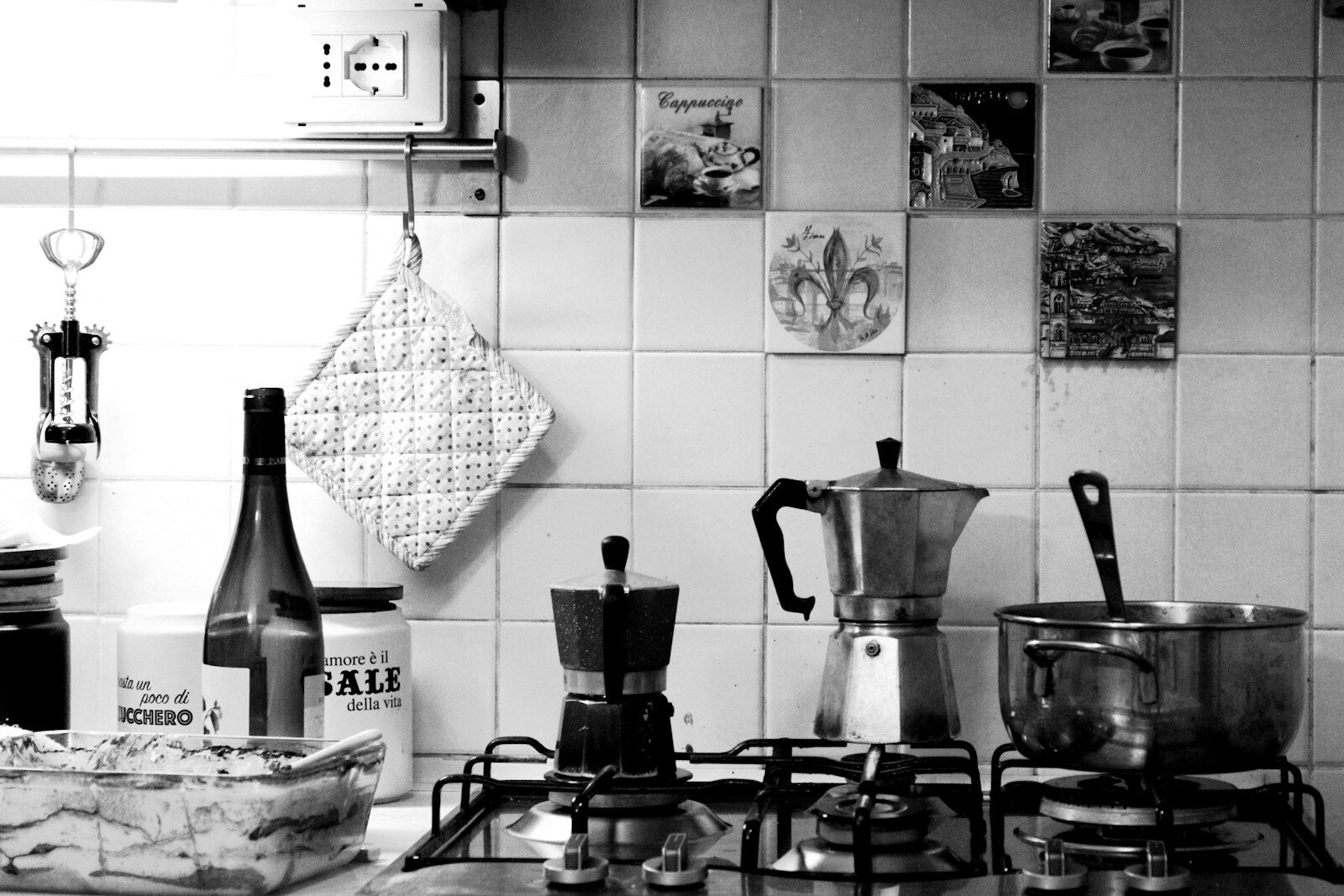 Kitchen counter with coffee makers and pot